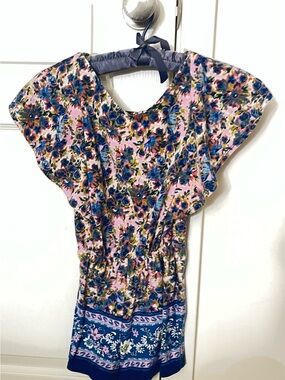 Girls Copper Key Pink Floral Short Romper with Blue Border
